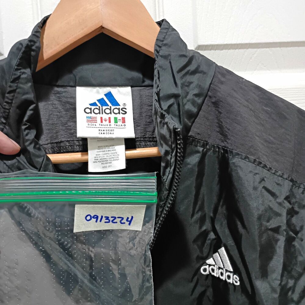 Vintage 90s Adidas Windbreaker Jacket Mens L Black Nylon 3 Stripe Full Zip